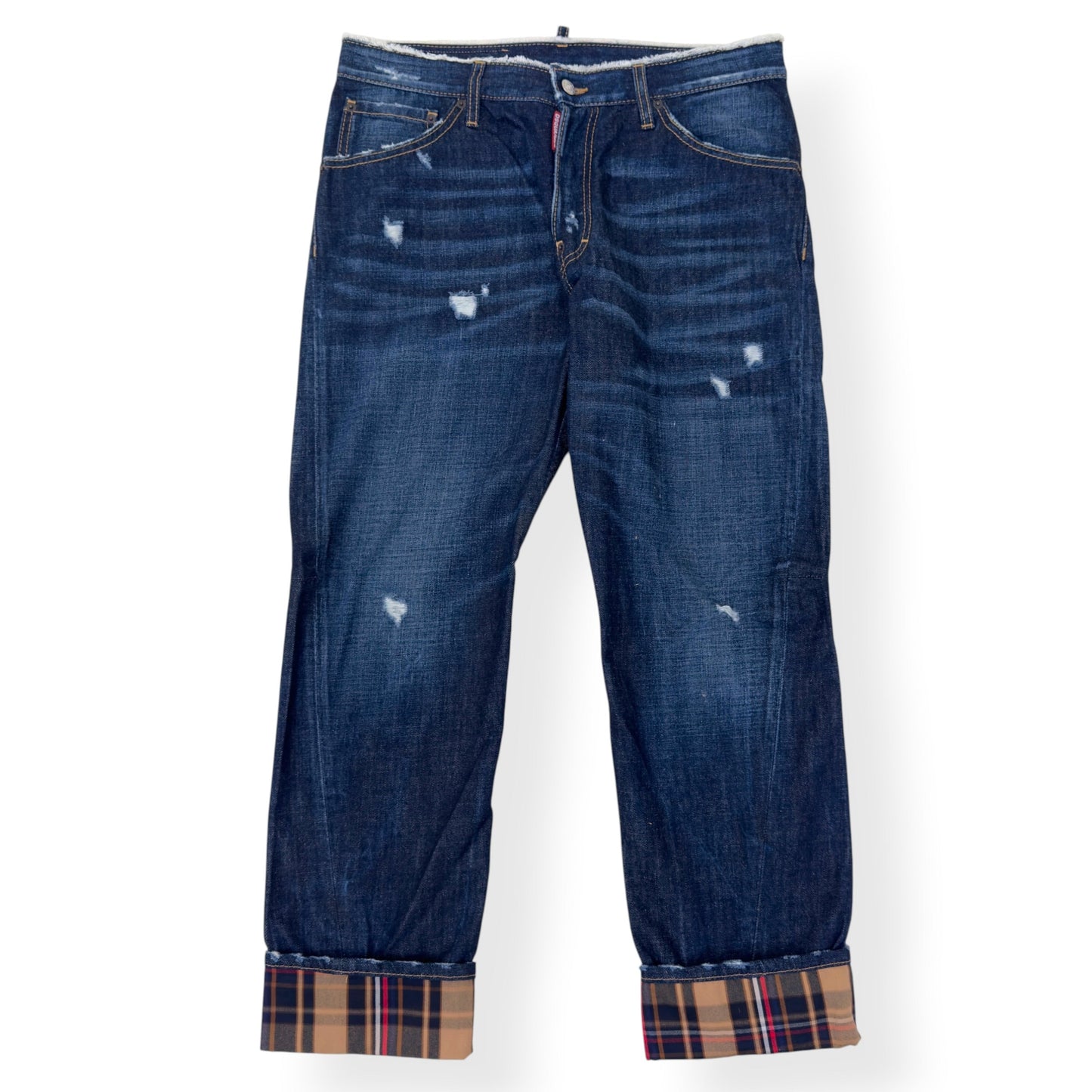DSQUARED2 CROPPED TARTAN CUFF DENIM JEANS BLUE 46 / S | Small, Multicoloured