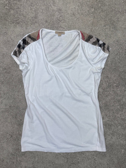 Burberry Nova Check Ruched Shoulder Detail White Tee