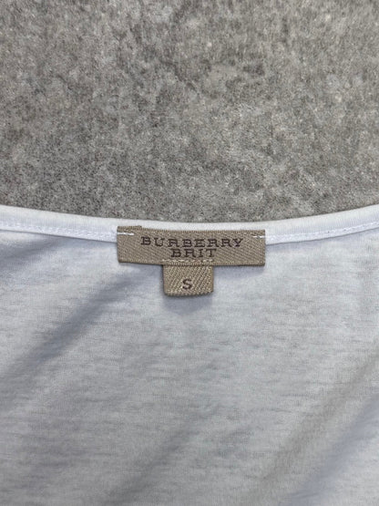 Burberry Nova Check Ruched Shoulder Detail White Tee