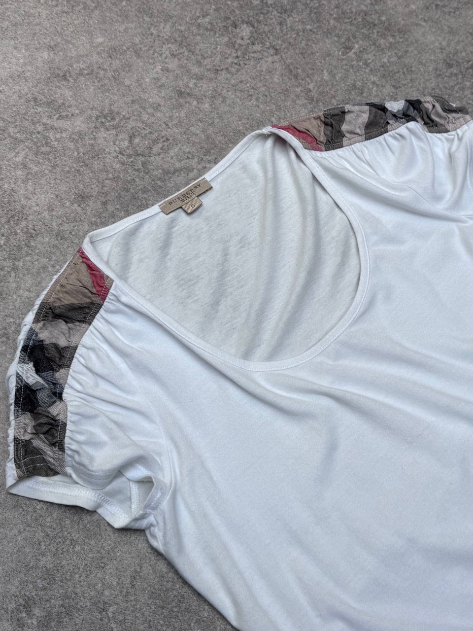 Burberry Nova Check Ruched Shoulder Detail White Tee