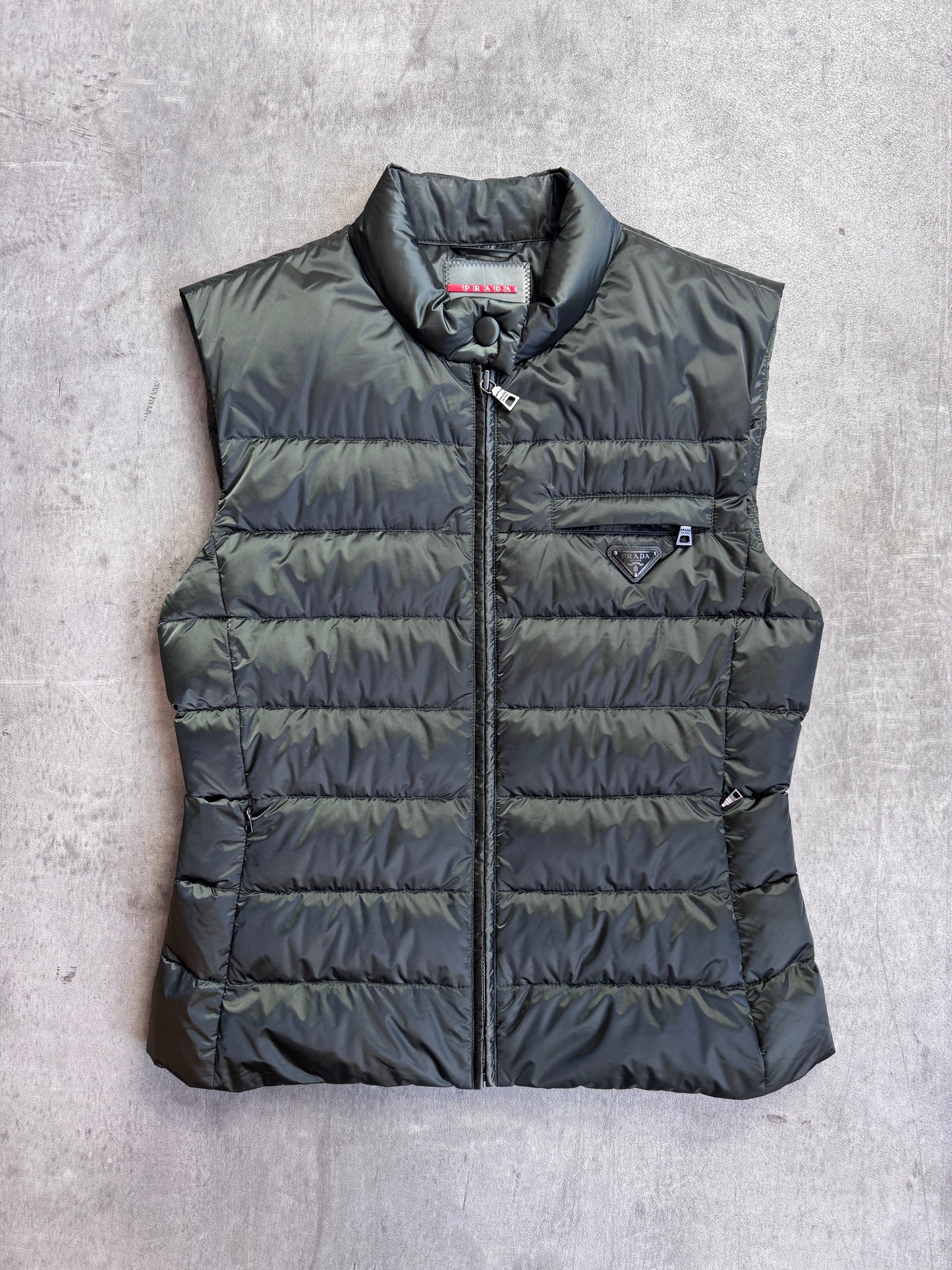 Prada Olive Green Badged Down Gilet