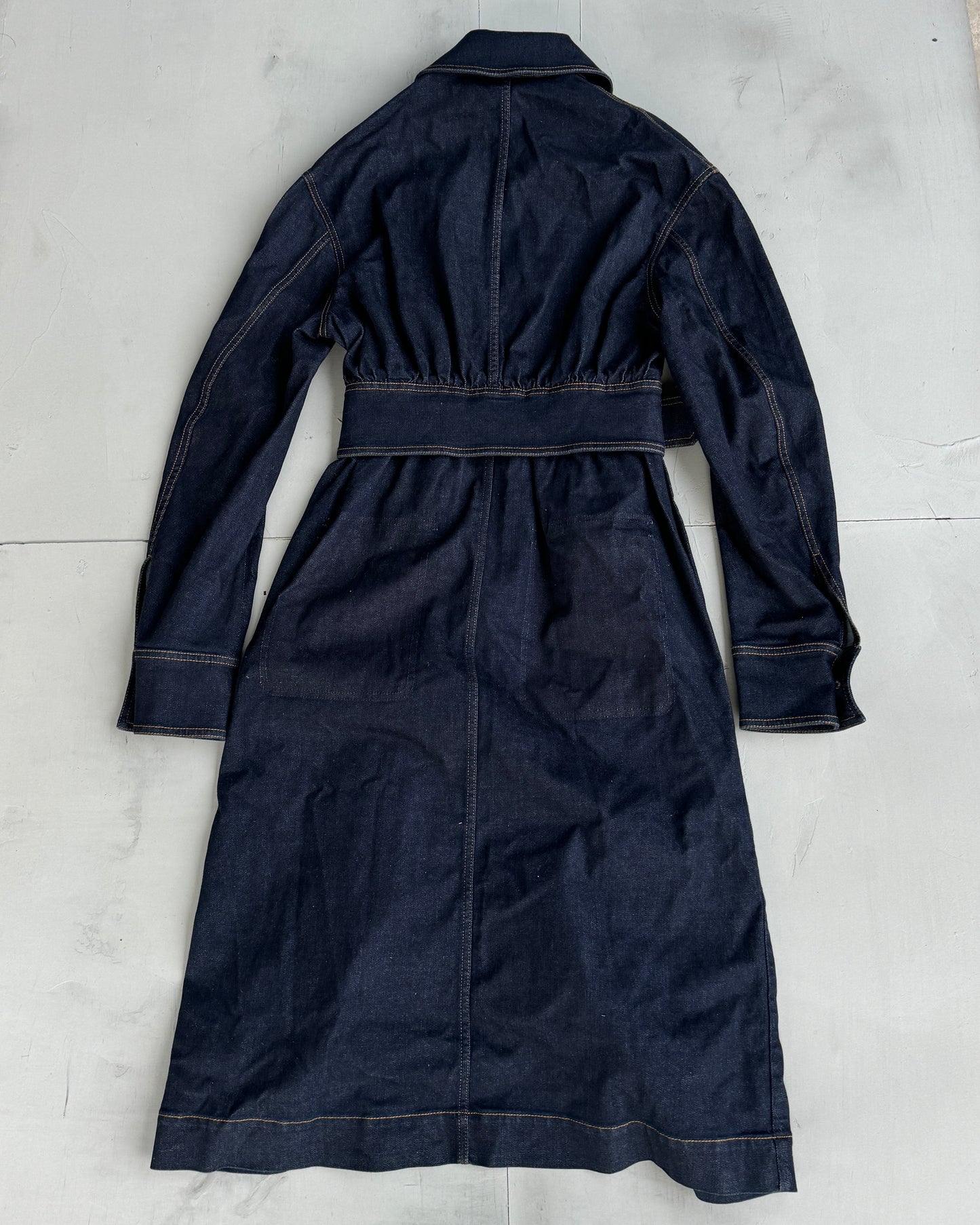STELLA MCCARTNEY 2017 ASYMMETRIC BELTED DENIM COAT - S/M | S/M, Dark Blue