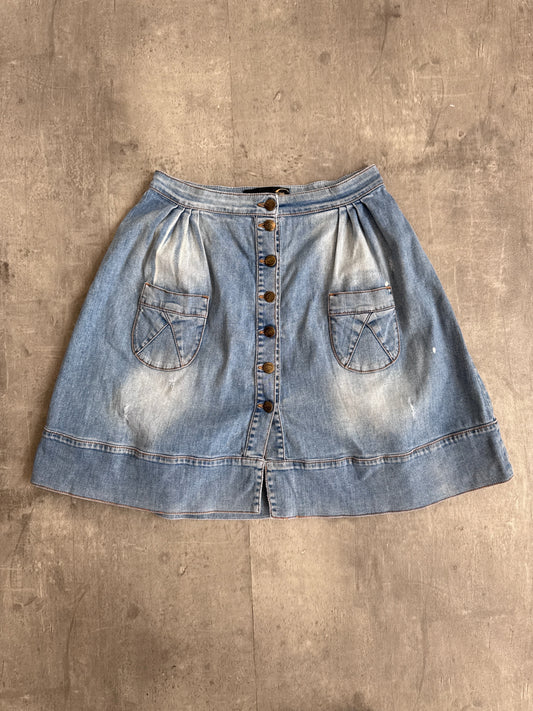 Cavalli Washed Denim Asymettric Closure Midi Skirt