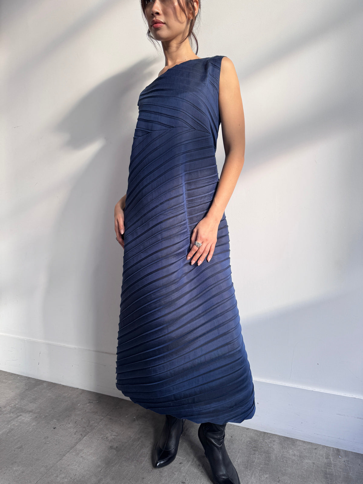 S/S 2008 Issey Miyake Cross Pleat Maxi Dress | O/S, Navy