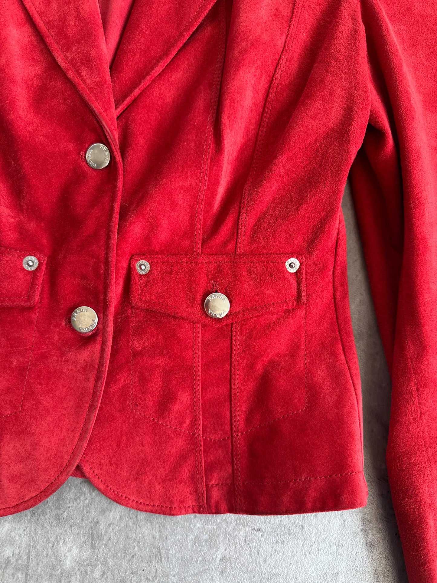 Prada Sport Red Suede Cropped Open Collar Jacket SC: 5782