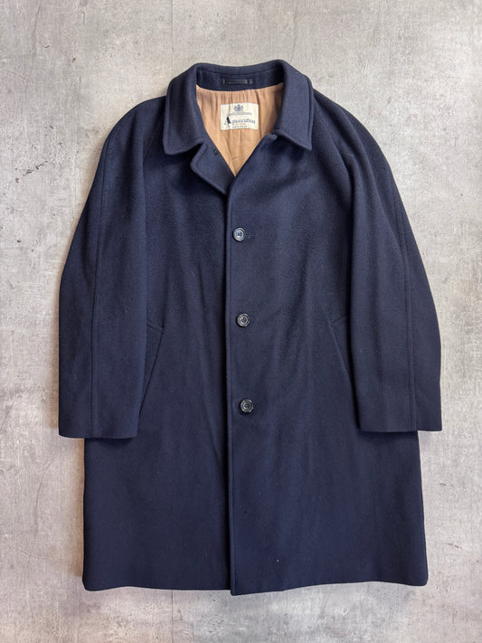 Aquascutum Navy Wool House Check Lined Heavy Overcoat