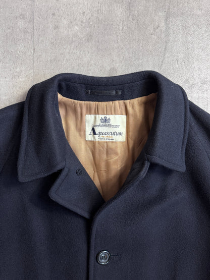 Aquascutum Navy Wool House Check Lined Heavy Overcoat