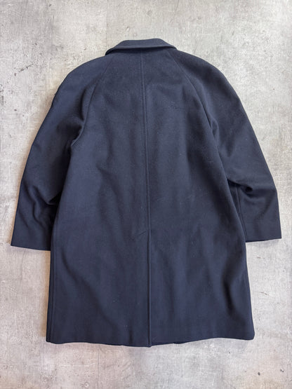 Aquascutum Navy Wool House Check Lined Heavy Overcoat
