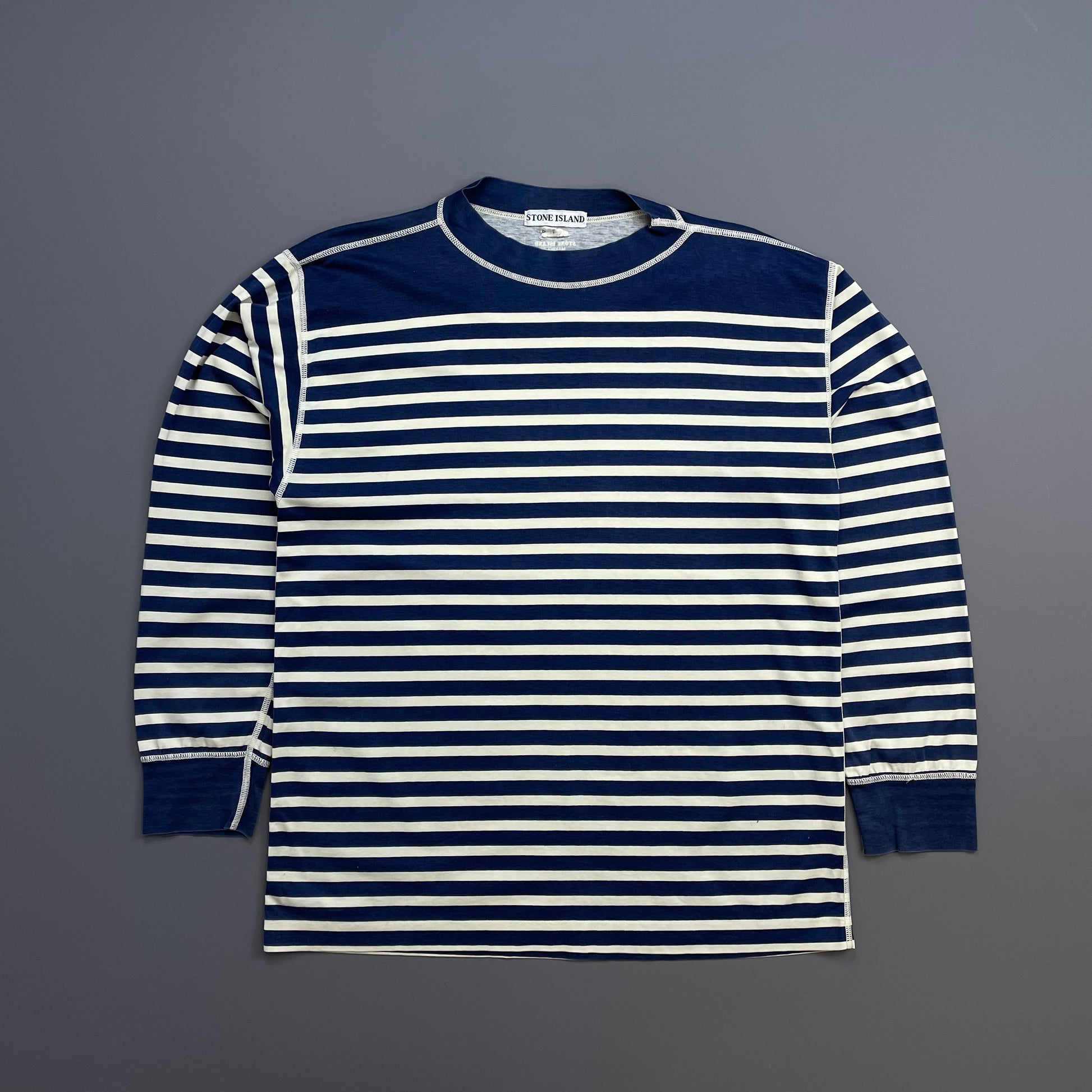 Stone Island Marina Navy White 80s Striped Long Sleeve Spellout