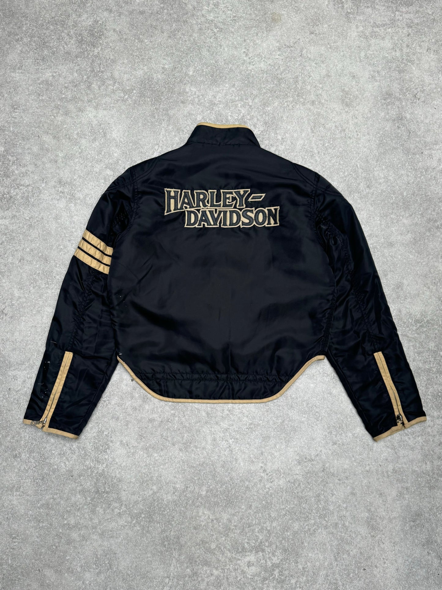 Harley Davidson Leather Trimmed Logo Embroidered Quilted Nylon Bomber Jacket