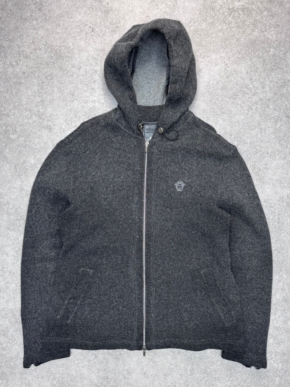 90s Versace Jeans Couture Grey Wool Hooded Cardigan