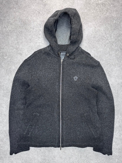 90s Versace Jeans Couture Grey Wool Hooded Cardigan