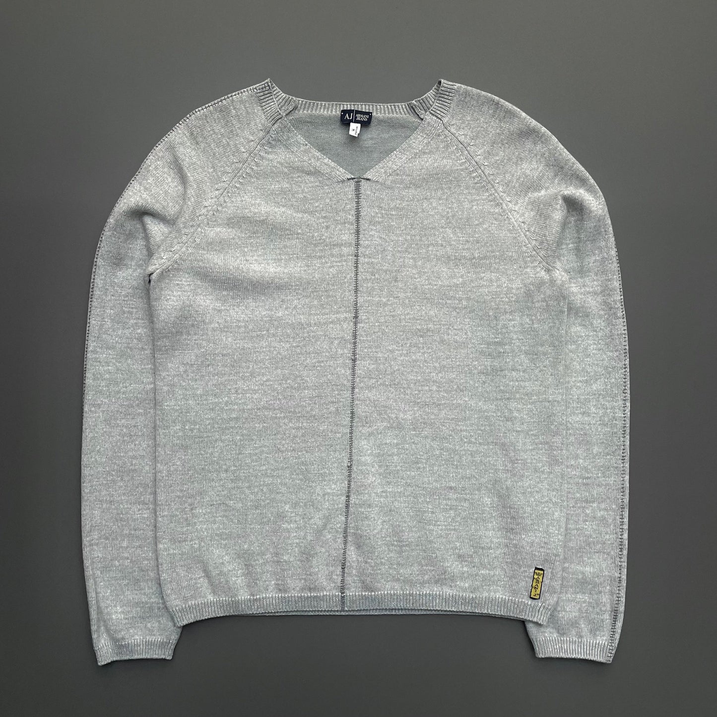 Armani Jeans Light Grey 00s Contrast Stitch Knit Jumper | Small, Grey