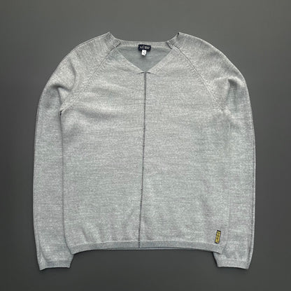 Armani Jeans Light Grey 00s Contrast Stitch Knit Jumper | Small, Grey