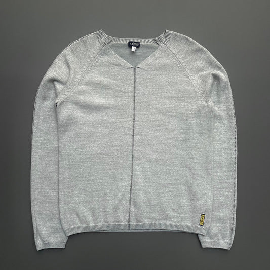 Armani Jeans Light Grey 00s Contrast Stitch Knit Jumper | Small, Grey