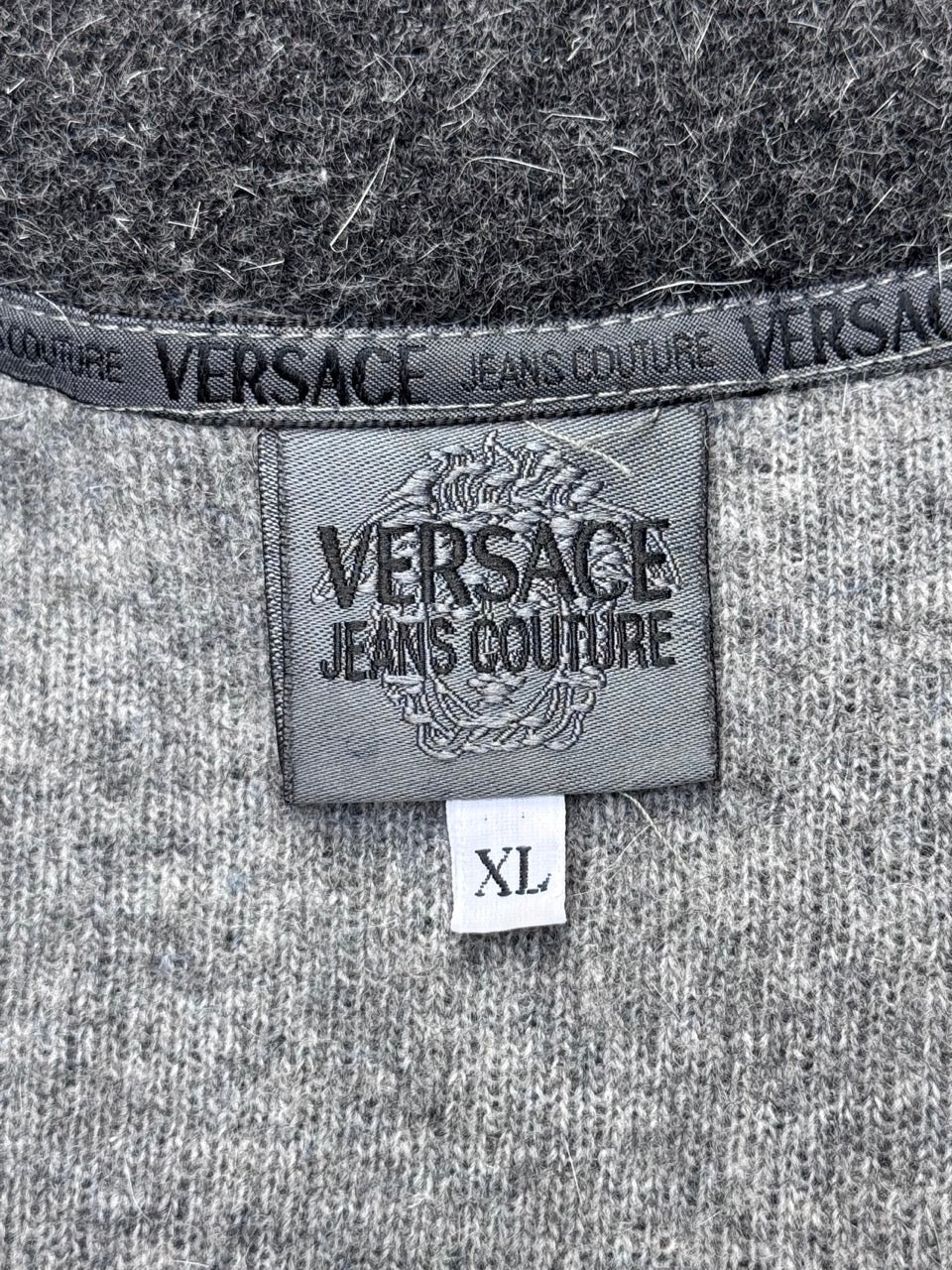 90s Versace Jeans Couture Grey Wool Hooded Cardigan