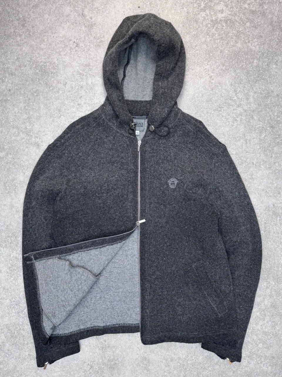 90s Versace Jeans Couture Grey Wool Hooded Cardigan