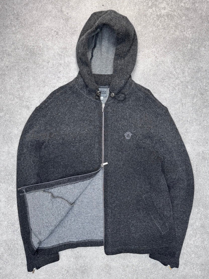 90s Versace Jeans Couture Grey Wool Hooded Cardigan