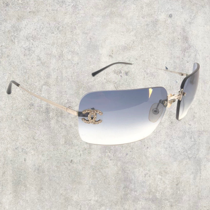 Chanel Sunglasses - Rimless Diamanté with Baby Blue Gradient Lens | O/S, Blue