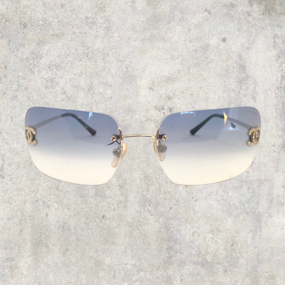 Chanel Sunglasses - Rimless Diamanté with Baby Blue Gradient Lens | O/S, Blue