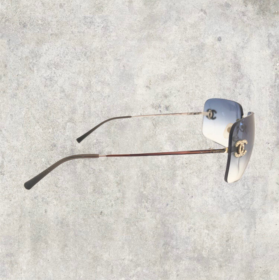 Chanel Sunglasses - Rimless Diamanté with Baby Blue Gradient Lens | O/S, Blue