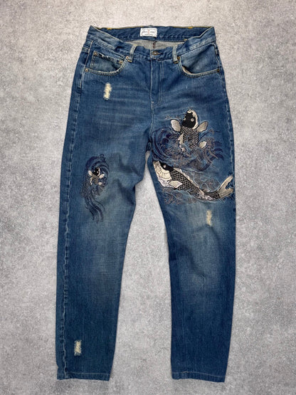 Karakuri Koi Embroidered Distressed Denim Blue Jeans