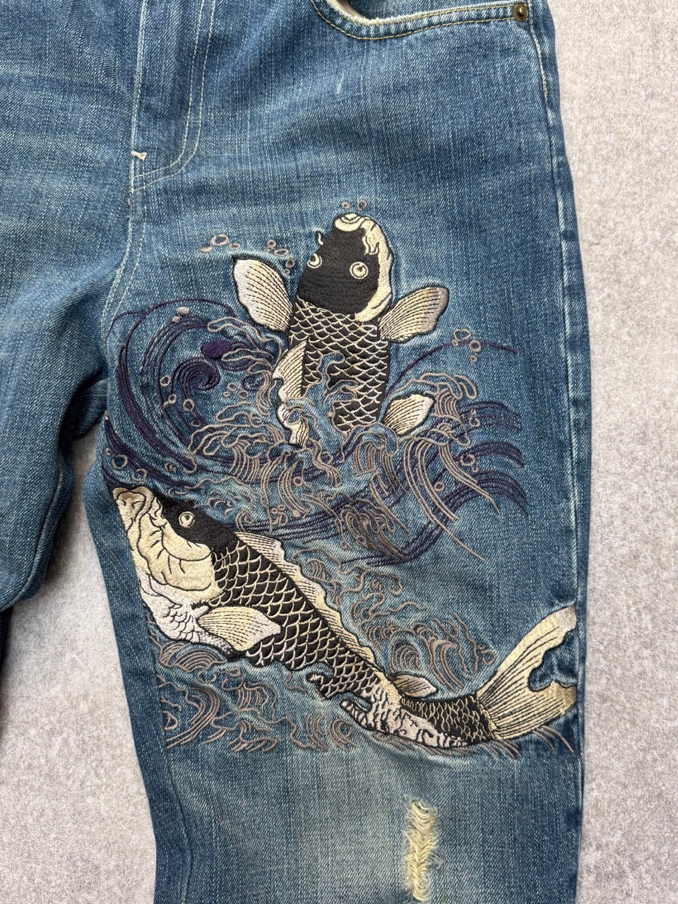 Karakuri Koi Embroidered Distressed Denim Blue Jeans