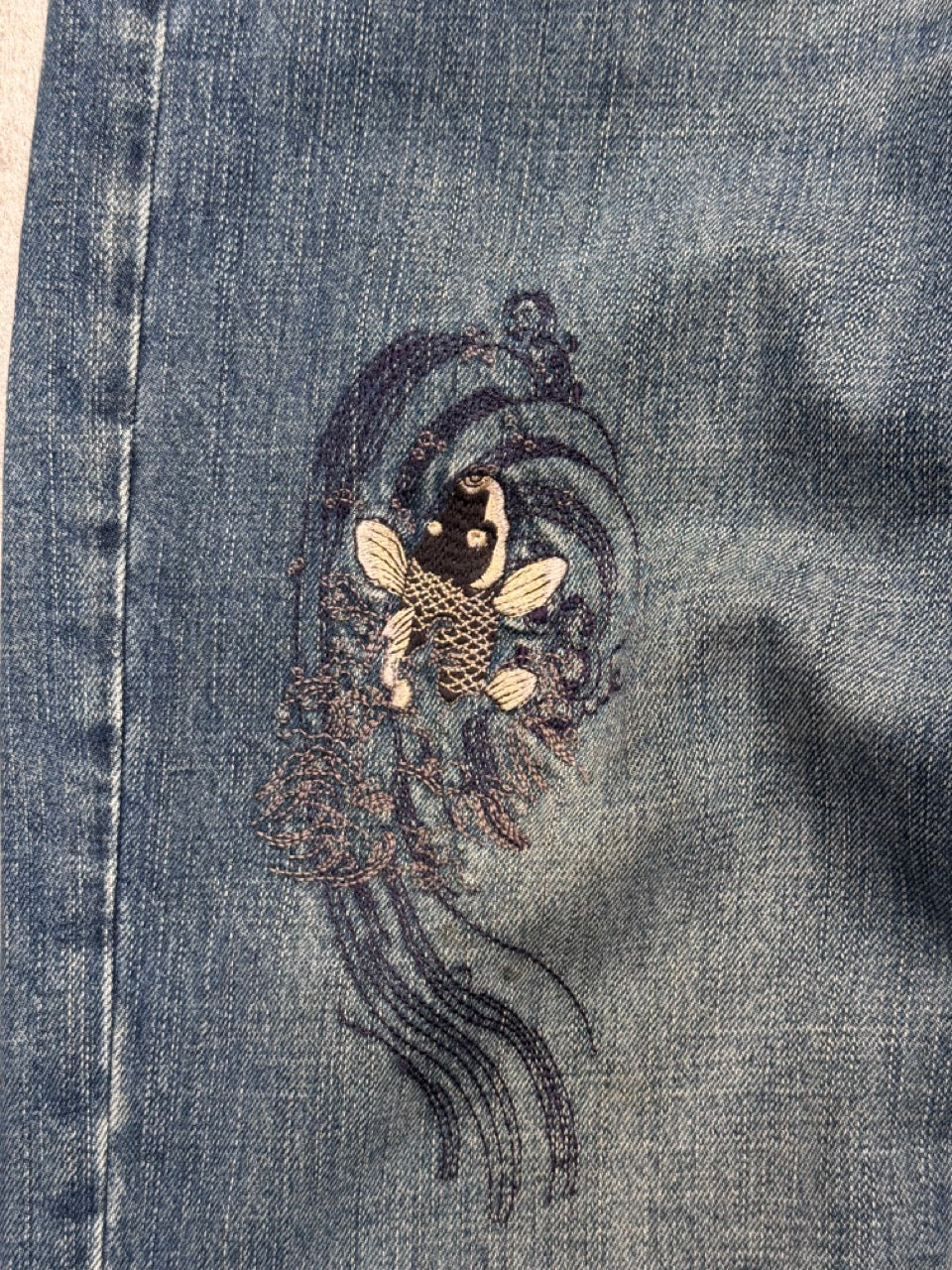 Karakuri Koi Embroidered Distressed Denim Blue Jeans