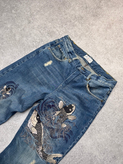 Karakuri Koi Embroidered Distressed Denim Blue Jeans