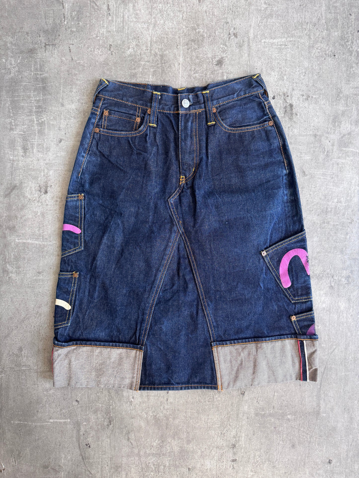 2000's Evisu Diacock Multi-Pocket Denim Midi Skirt | Medium, Multicoloured