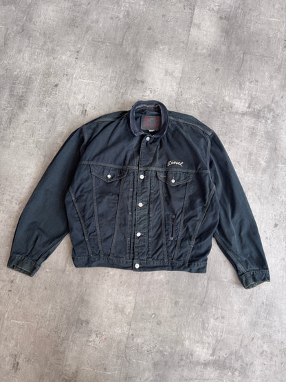 1980s Diesel Washed Green Trucker Jacket with Leather Collar