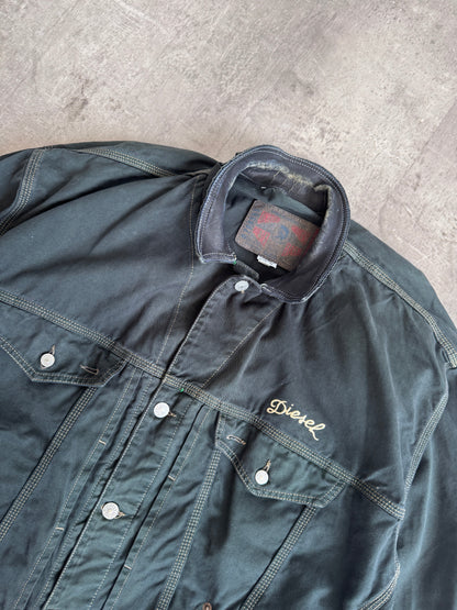 1980s Diesel Washed Green Trucker Jacket with Leather Collar