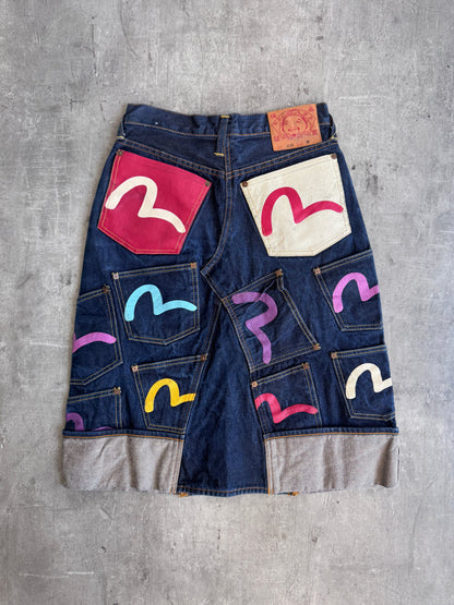 2000's Evisu Diacock Multi-Pocket Denim Midi Skirt | Medium, Multicoloured