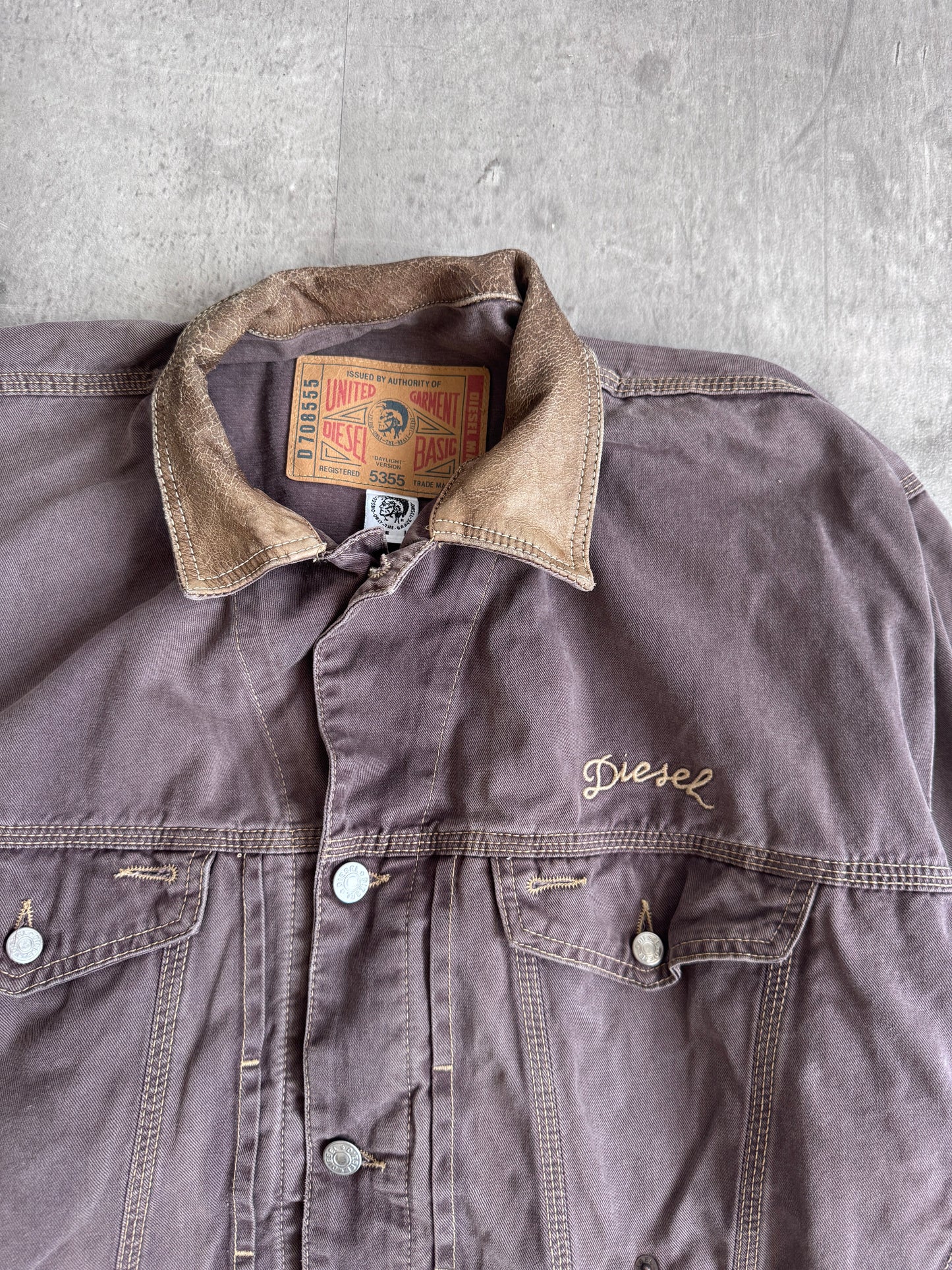 1980s Diesel Washed Brown Trucker Jacket with Leather Collar