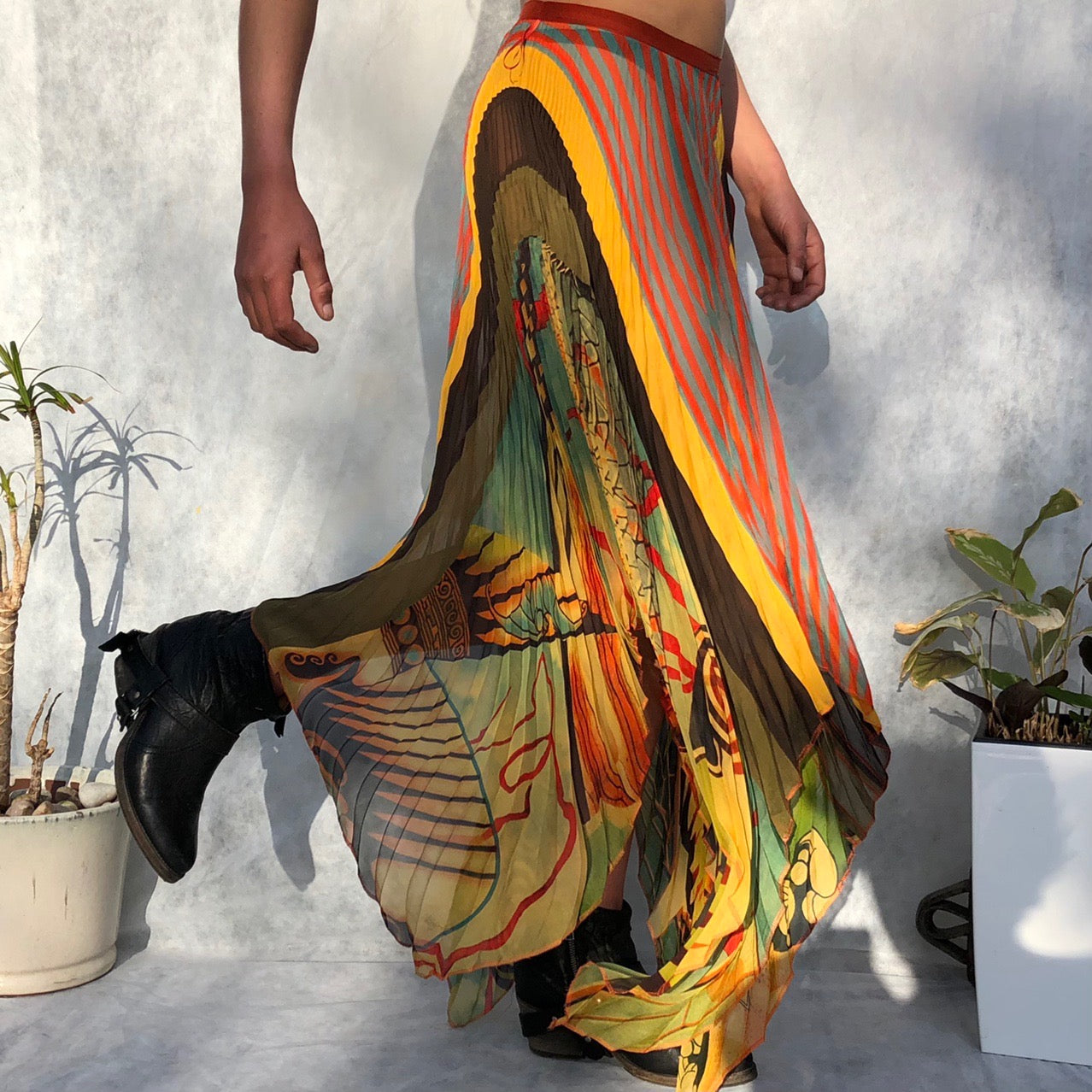 Jean Paul Gaultier JPG Skirt - Asymmetric Pleated Maxi Skirt Psychedelic | Default Title, Tan
