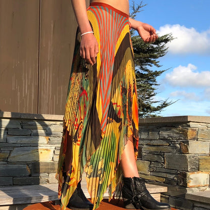 Jean Paul Gaultier JPG Skirt - Asymmetric Pleated Maxi Skirt Psychedelic | Default Title, Tan