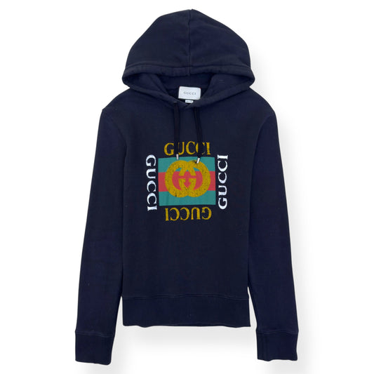 GUCCI LOGO PRINT DISTRESSED HOODIE BLACK M | Medium, Black