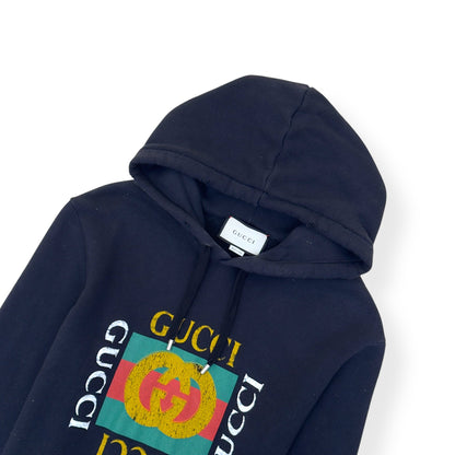 GUCCI LOGO PRINT DISTRESSED HOODIE BLACK M | Medium, Black