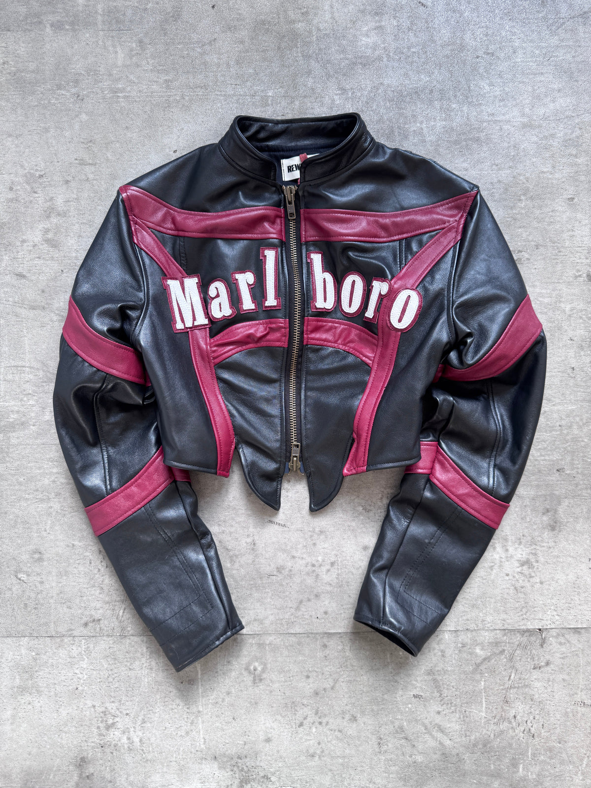 VT Rework: Marlboro Spellout Cropped Corset Leather Jacket | Small, Multicoloured