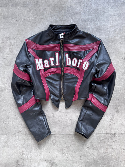 VT Rework: Marlboro Spellout Cropped Corset Leather Jacket | Small, Multicoloured
