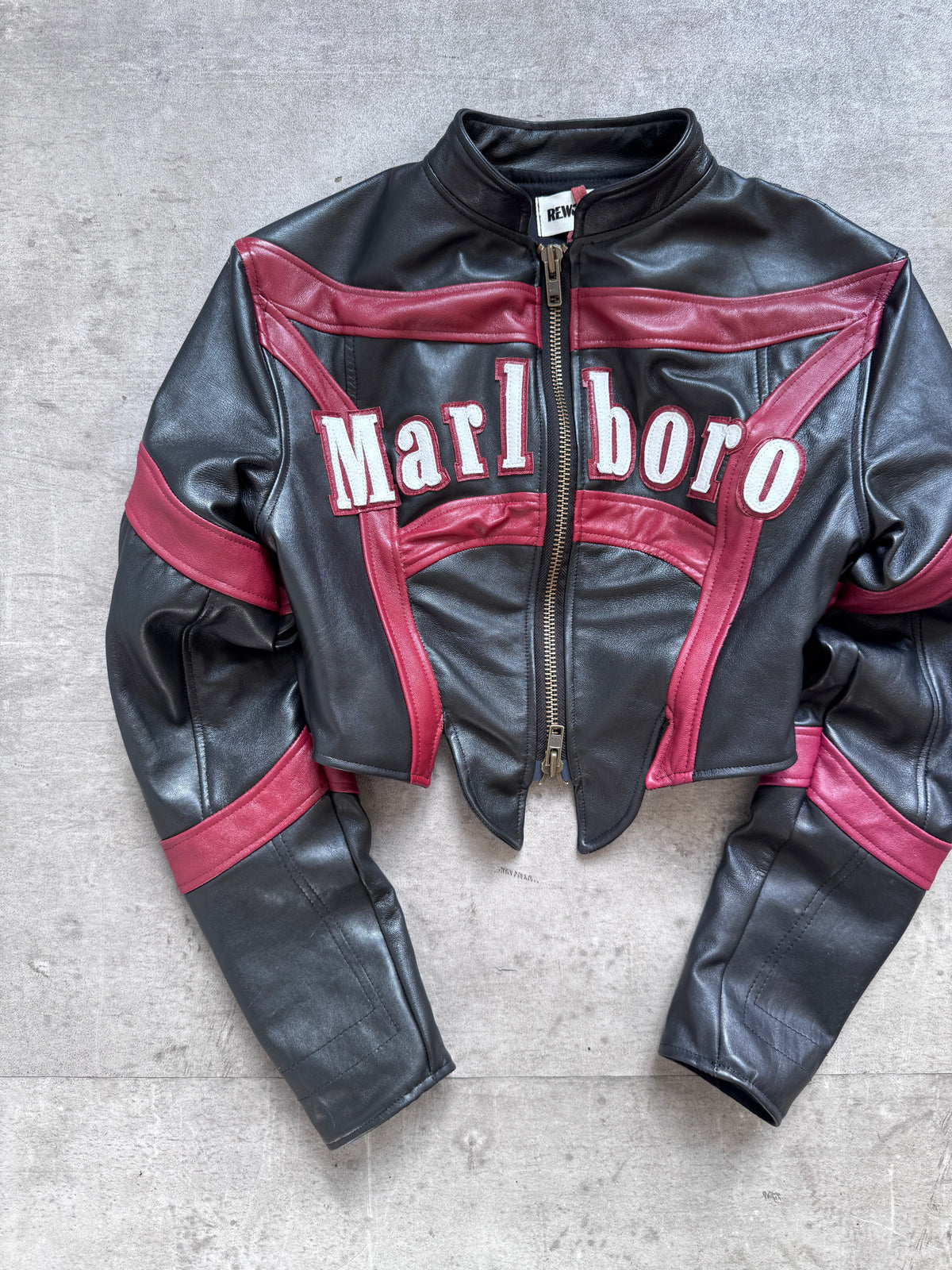 VT Rework: Marlboro Spellout Cropped Corset Leather Jacket | Small, Multicoloured