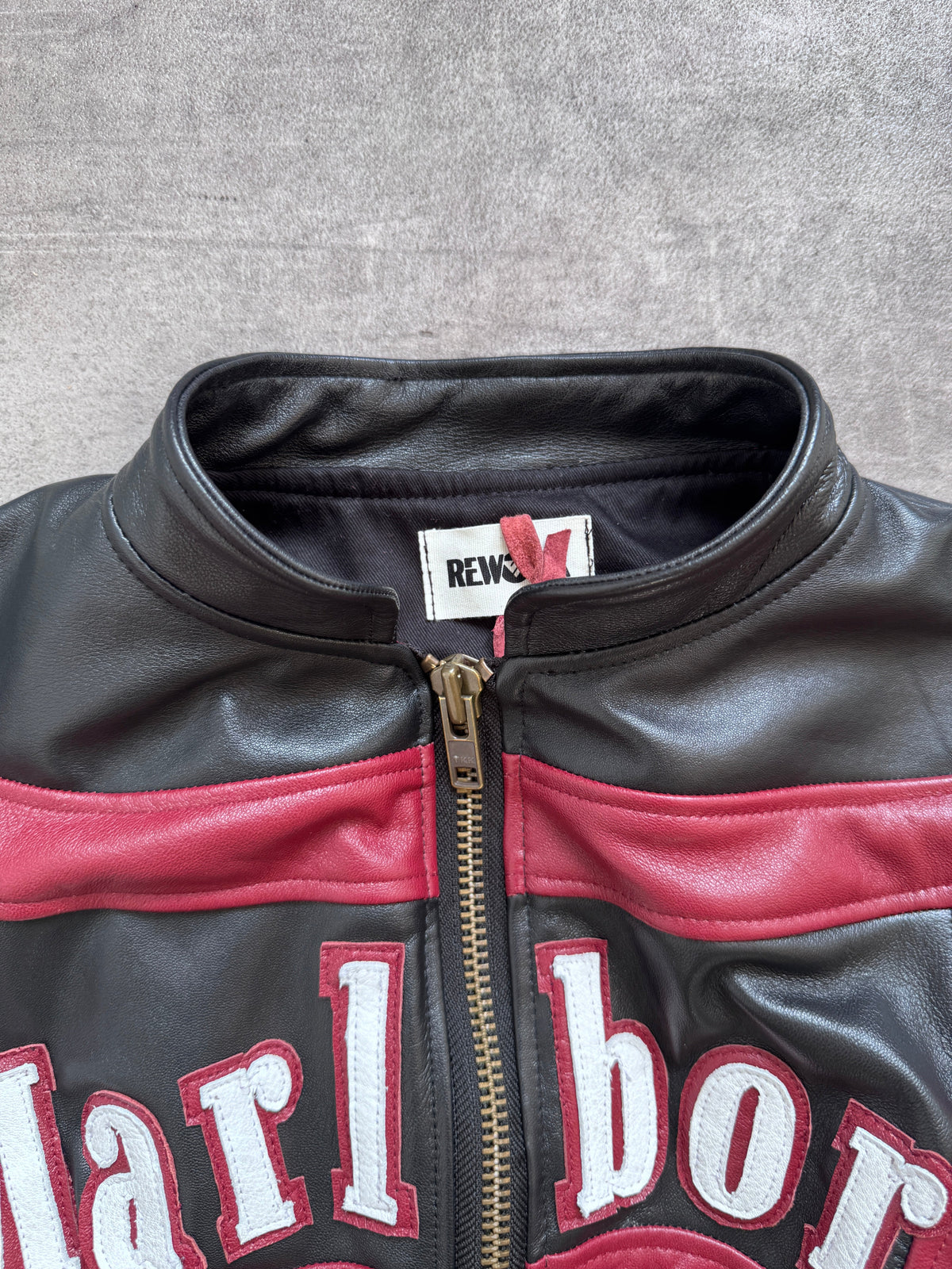 VT Rework: Marlboro Spellout Cropped Corset Leather Jacket | Small, Multicoloured