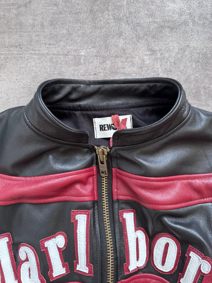 VT Rework: Marlboro Spellout Cropped Corset Leather Jacket | Small, Multicoloured