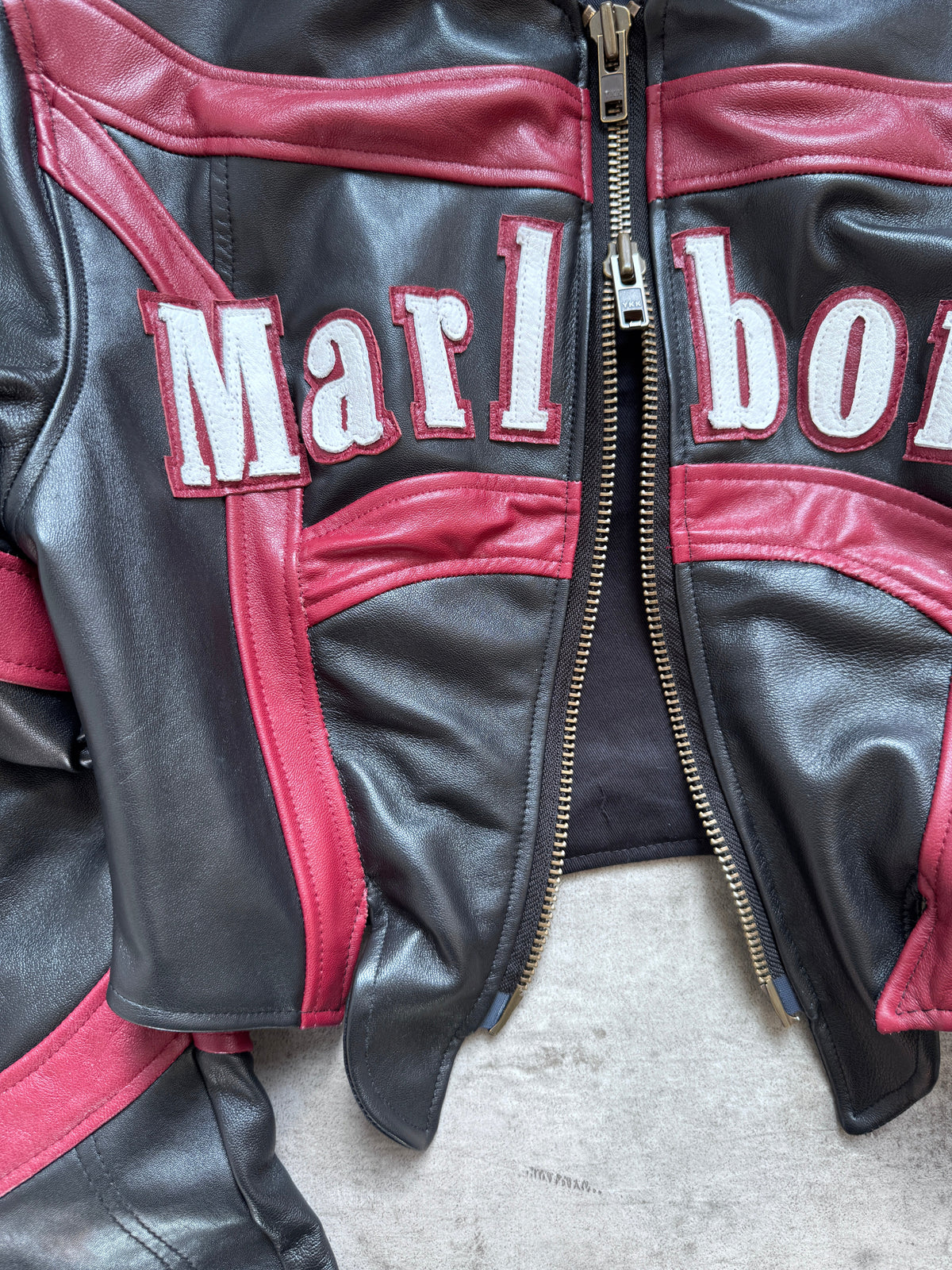VT Rework: Marlboro Spellout Cropped Corset Leather Jacket | Small, Multicoloured