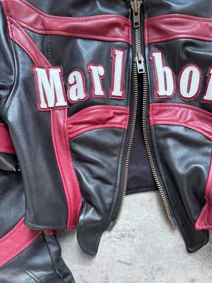 VT Rework: Marlboro Spellout Cropped Corset Leather Jacket | Small, Multicoloured