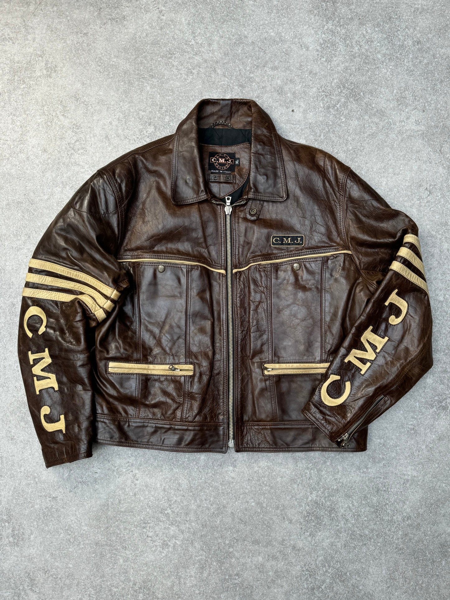 C.M.J Stitch-in Logo Two Tone Leather Racing Jacket