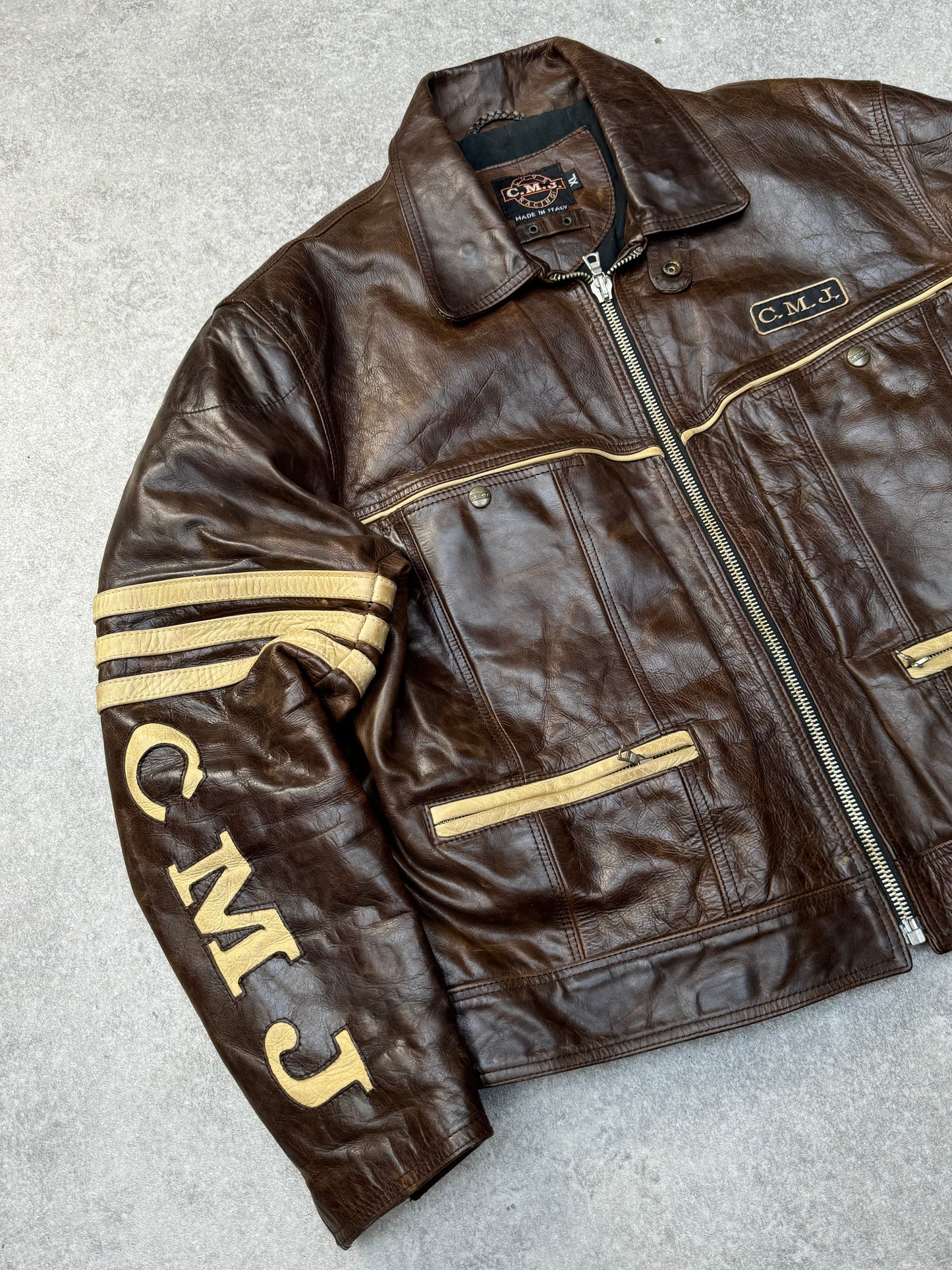 C.M.J Stitch-in Logo Two Tone Leather Racing Jacket