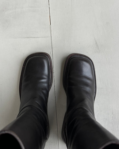 PRADA FW99 SQUARE TOE BROWN LEATHER BOOTS - EU 37 / UK 4.5 | UK 37, Brown