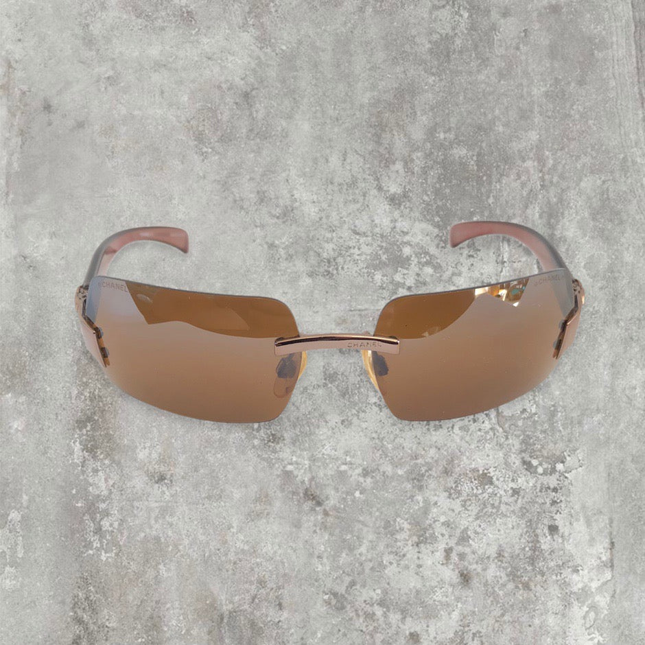 Chanel Rimless Sunglasses with Brown Lens and CC logo | O/S, Bronze