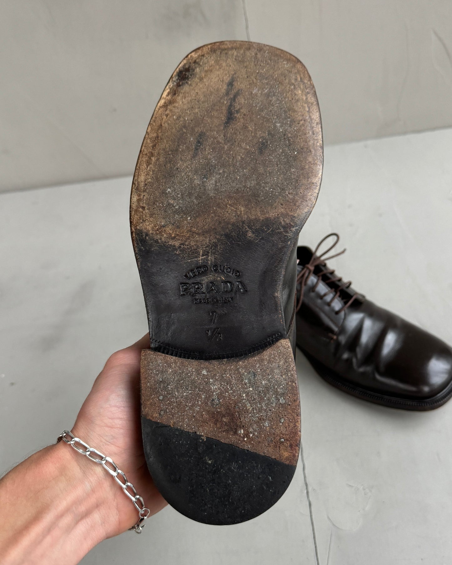 PRADA EARLY-2000'S BROWN LEATHER DERBY SHOES - UK 7.5 | UK 7.5, Brown